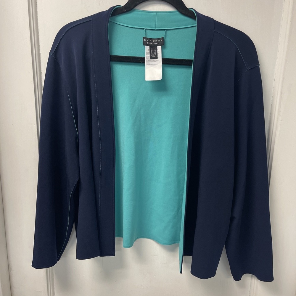 WOMEN'S SUSAN GRAVER JACKET/SHRUG NAVY AND TURQUOISE SIZE L Reversible